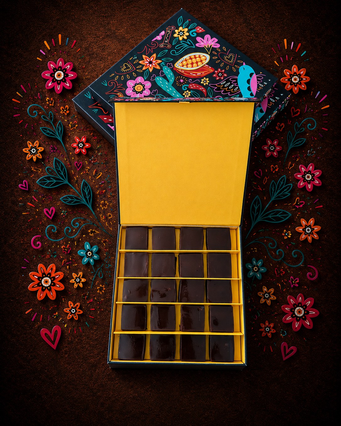 Coffret Label Clément ouvert, mis en scène avec décor floral